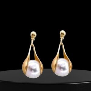 Elegant Satin Gold Wrapped Pearl Teardrop Earrings